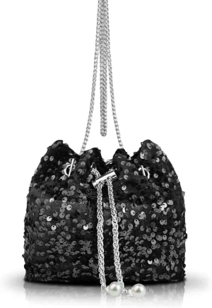 Glitter Bucket Bags for Women, Sparkly Purse with Hardware Chain Drawstring and Detachable Chain, Sequin Purses