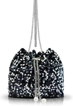 Glitter Bucket Bags for Women, Sparkly Purse with Hardware Chain Drawstring and Detachable Chain, Sequin Purses