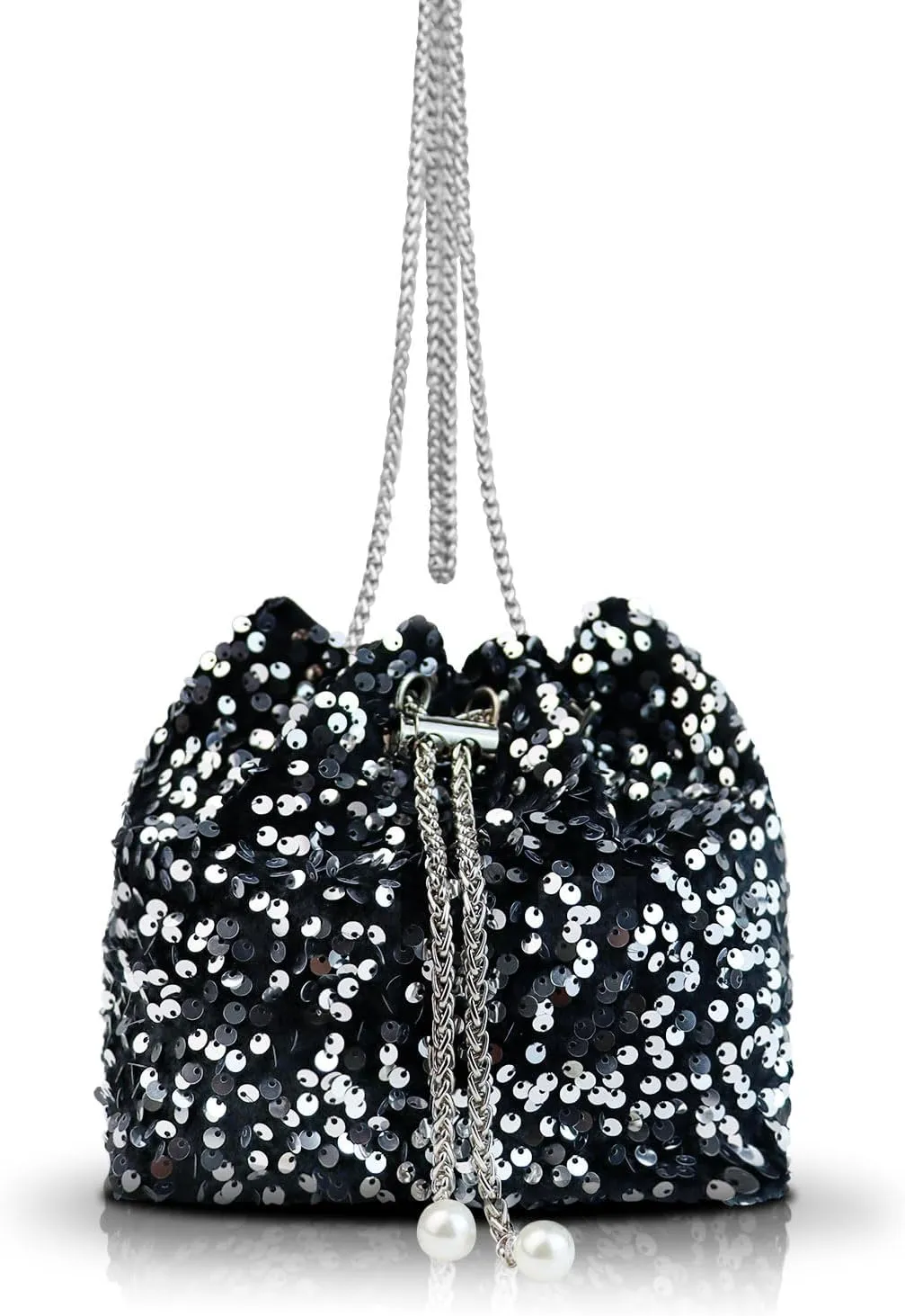 Glitter Bucket Bags for Women, Sparkly Purse with Hardware Chain Drawstring and Detachable Chain, Sequin Purses