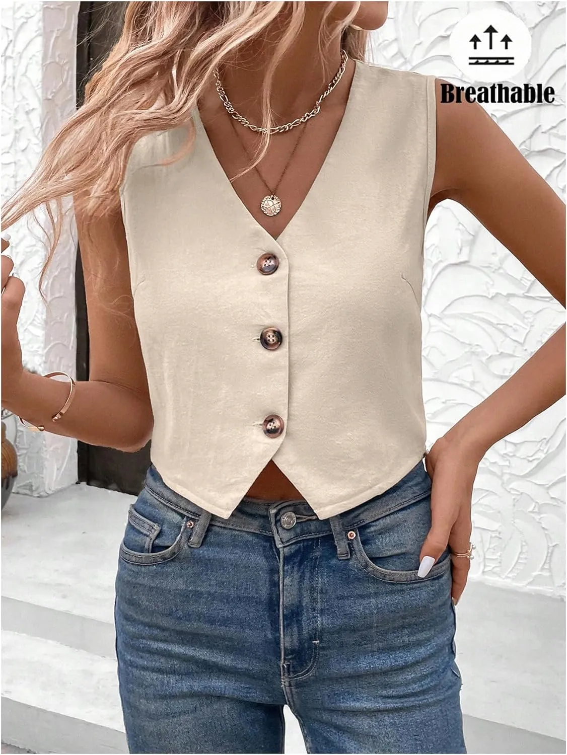 GORGLITTER Women's Striped Blazer Vest Button Up Sleeveless Vest Waistcoat