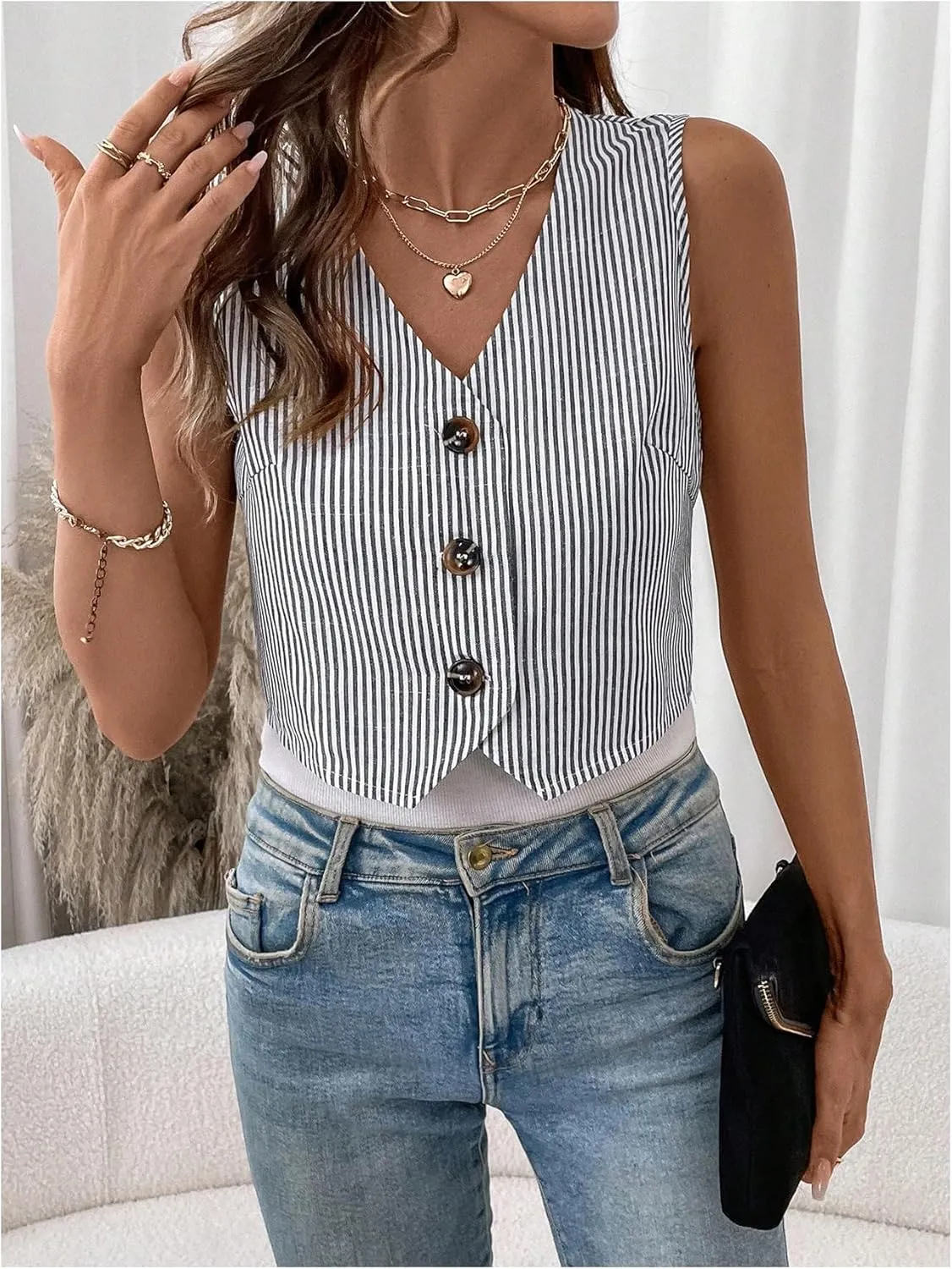 GORGLITTER Women's Striped Blazer Vest Button Up Sleeveless Vest Waistcoat