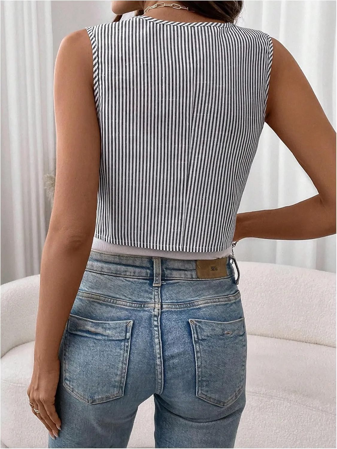 GORGLITTER Women's Striped Blazer Vest Button Up Sleeveless Vest Waistcoat