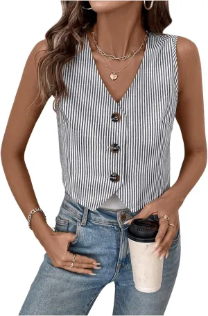 GORGLITTER Women's Striped Blazer Vest Button Up Sleeveless Vest Waistcoat