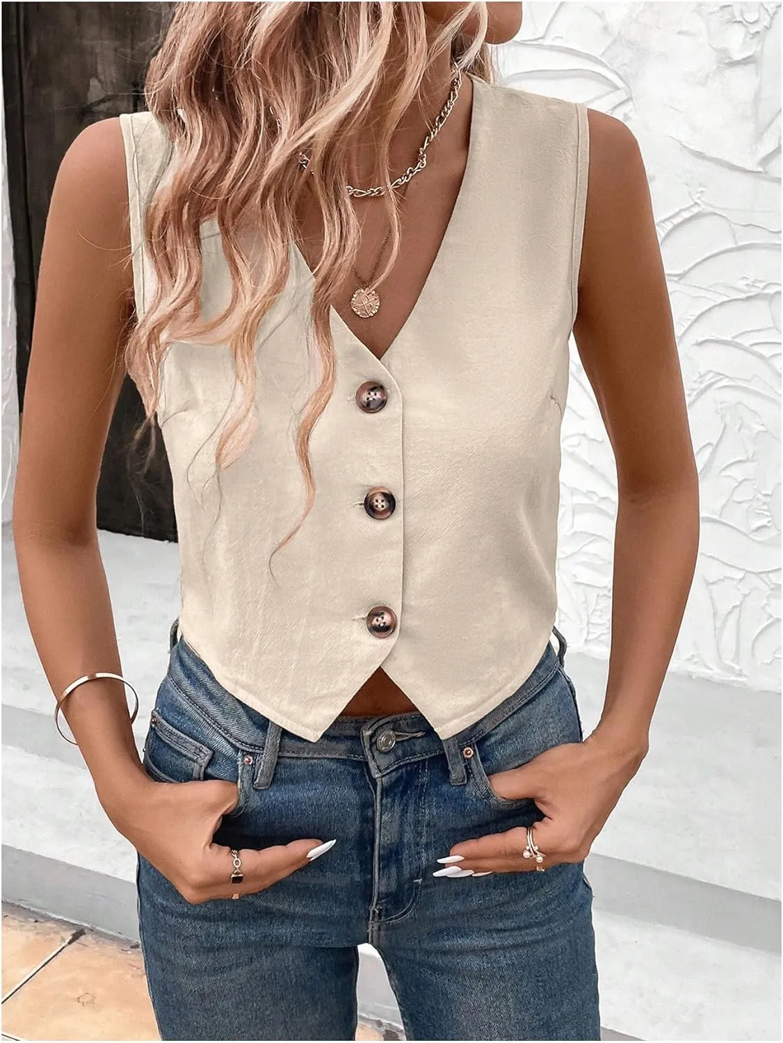 GORGLITTER Women's Striped Blazer Vest Button Up Sleeveless Vest Waistcoat