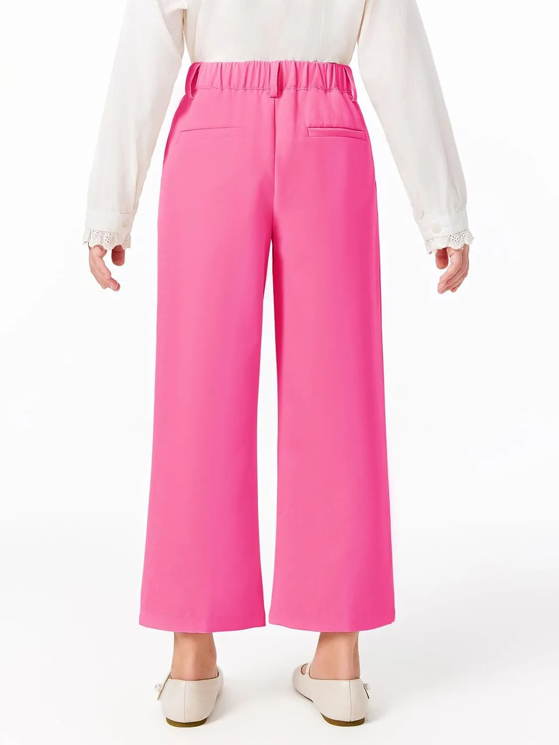 Haloumoning Girls Uniform Pants Kids High Waisted Wide Leg Dress Pants Casual Trousers with Pockets 5-14 Years