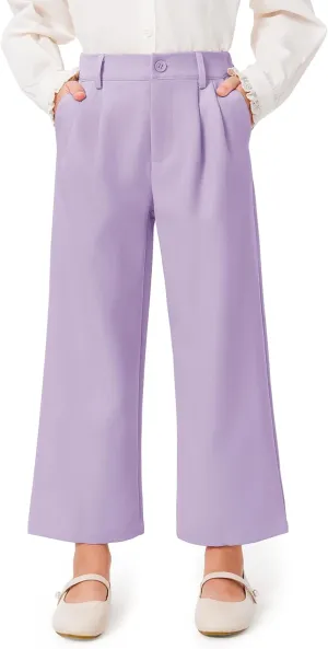 Haloumoning Girls Uniform Pants Kids High Waisted Wide Leg Dress Pants Casual Trousers with Pockets 5-14 Years