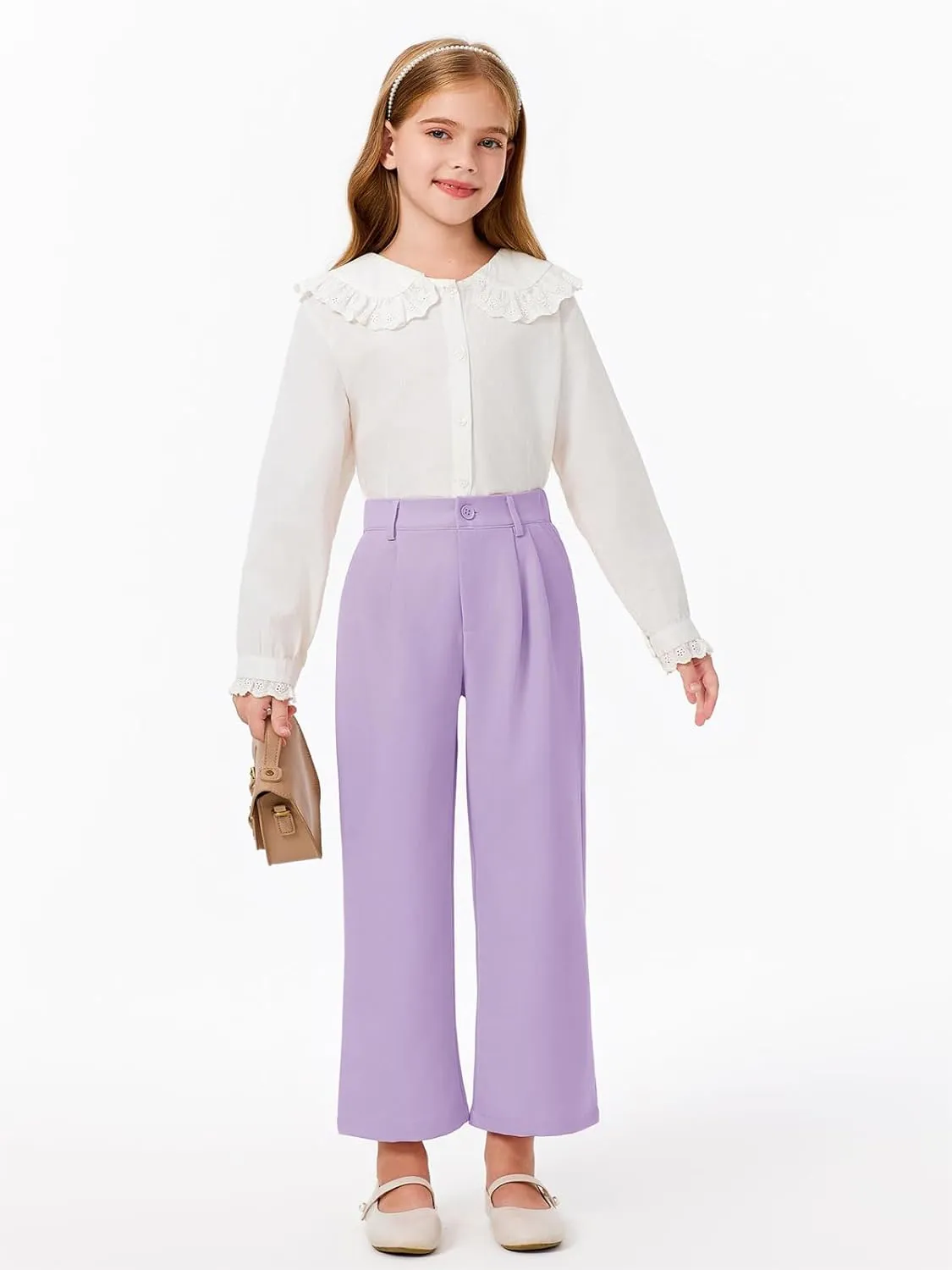 Haloumoning Girls Uniform Pants Kids High Waisted Wide Leg Dress Pants Casual Trousers with Pockets 5-14 Years