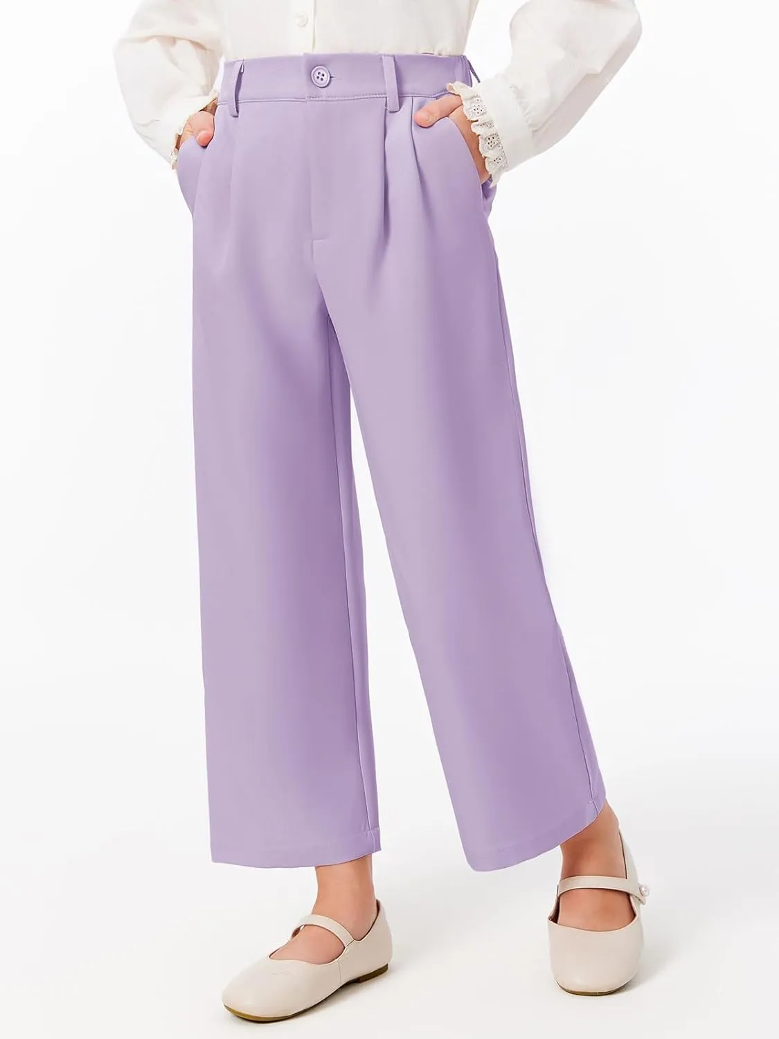 Haloumoning Girls Uniform Pants Kids High Waisted Wide Leg Dress Pants Casual Trousers with Pockets 5-14 Years