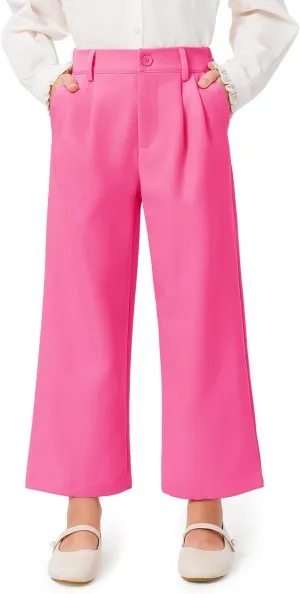 Haloumoning Girls Uniform Pants Kids High Waisted Wide Leg Dress Pants Casual Trousers with Pockets 5-14 Years