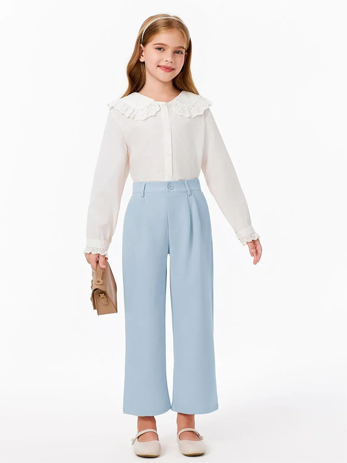 Haloumoning Girls Uniform Pants Kids High Waisted Wide Leg Dress Pants Casual Trousers with Pockets 5-14 Years