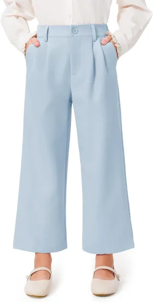 Haloumoning Girls Uniform Pants Kids High Waisted Wide Leg Dress Pants Casual Trousers with Pockets 5-14 Years