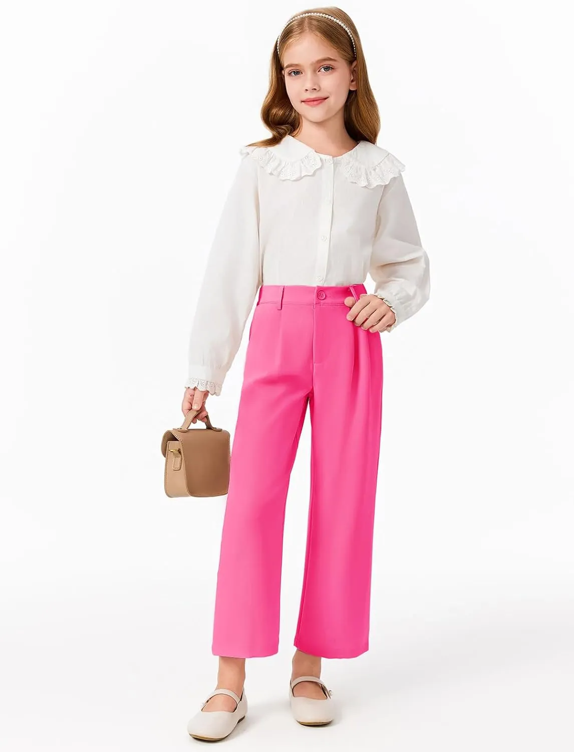 Haloumoning Girls Uniform Pants Kids High Waisted Wide Leg Dress Pants Casual Trousers with Pockets 5-14 Years