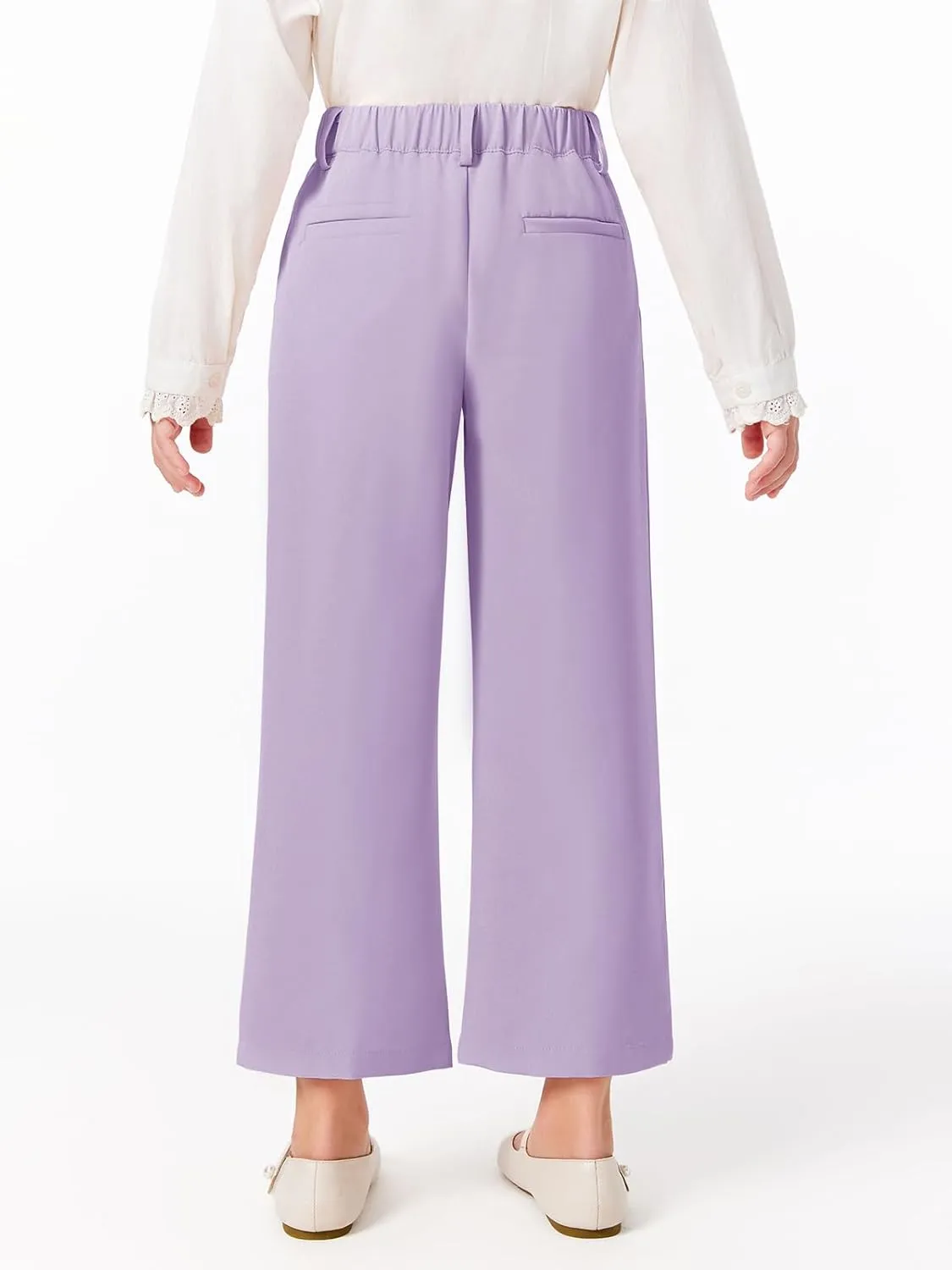 Haloumoning Girls Uniform Pants Kids High Waisted Wide Leg Dress Pants Casual Trousers with Pockets 5-14 Years