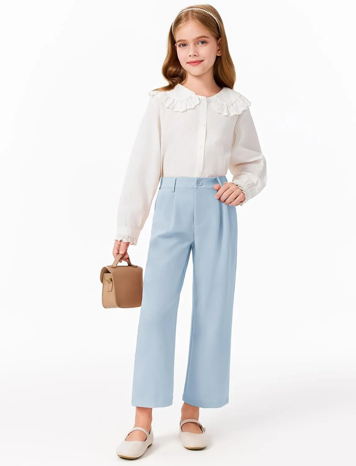 Haloumoning Girls Uniform Pants Kids High Waisted Wide Leg Dress Pants Casual Trousers with Pockets 5-14 Years