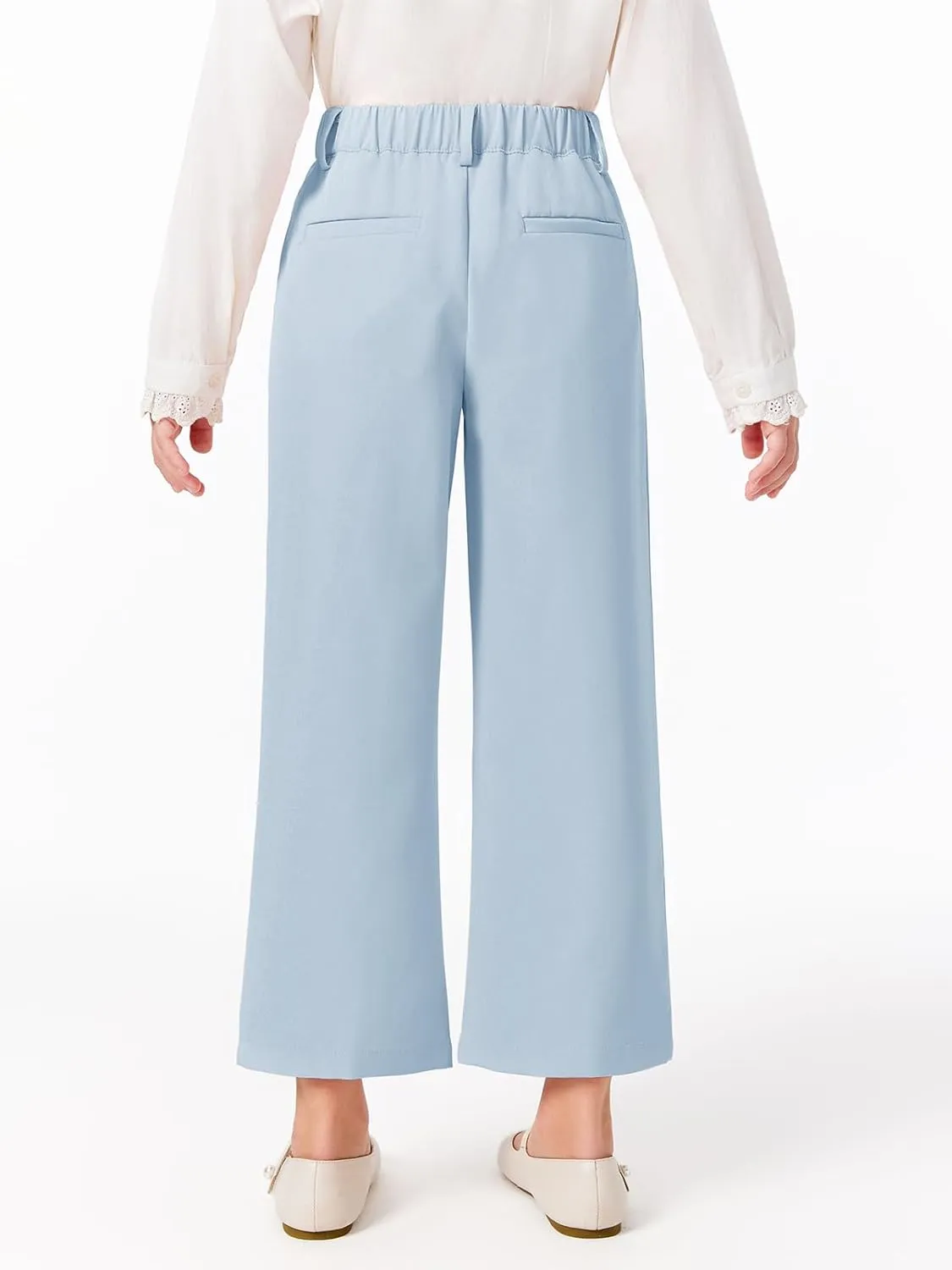Haloumoning Girls Uniform Pants Kids High Waisted Wide Leg Dress Pants Casual Trousers with Pockets 5-14 Years