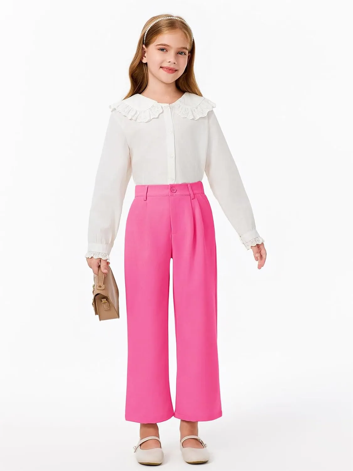 Haloumoning Girls Uniform Pants Kids High Waisted Wide Leg Dress Pants Casual Trousers with Pockets 5-14 Years