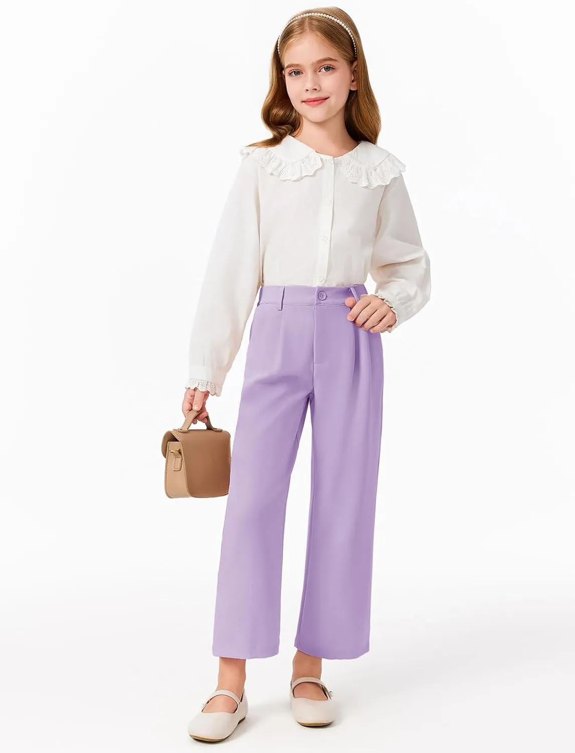 Haloumoning Girls Uniform Pants Kids High Waisted Wide Leg Dress Pants Casual Trousers with Pockets 5-14 Years