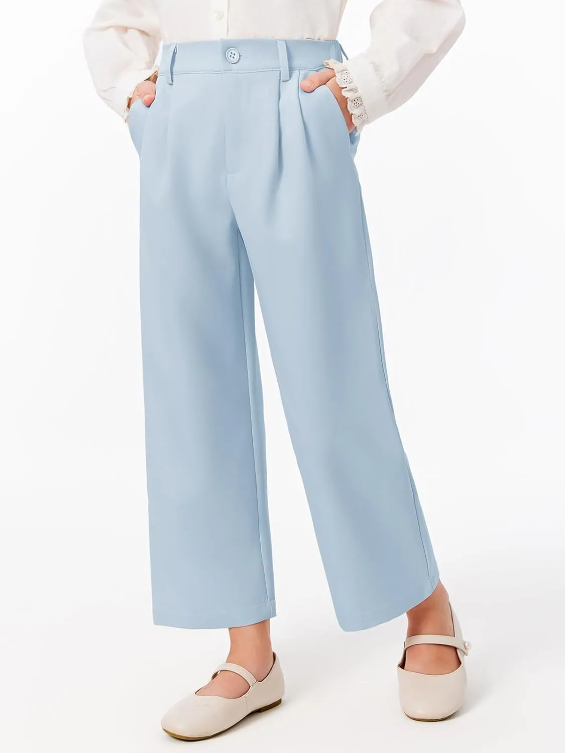 Haloumoning Girls Uniform Pants Kids High Waisted Wide Leg Dress Pants Casual Trousers with Pockets 5-14 Years