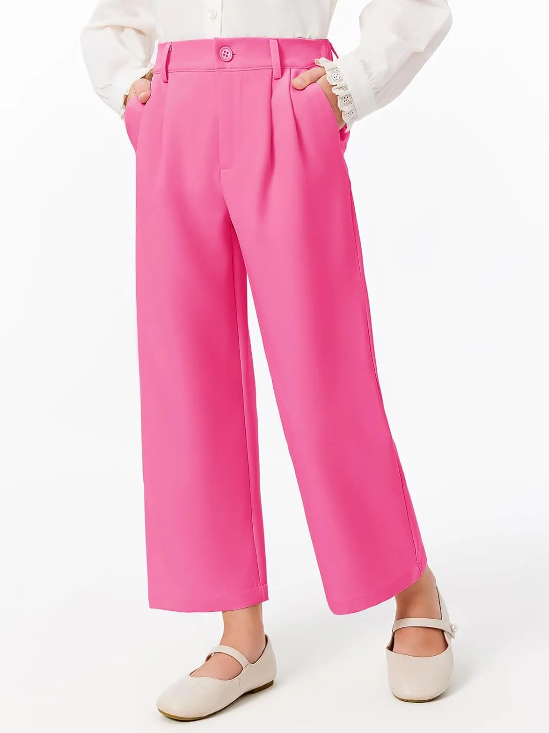 Haloumoning Girls Uniform Pants Kids High Waisted Wide Leg Dress Pants Casual Trousers with Pockets 5-14 Years