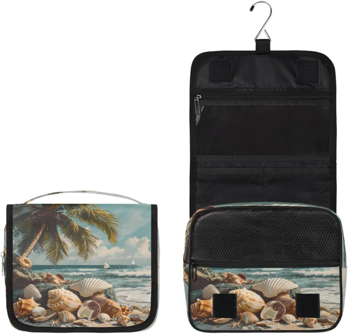 Hanging Toiletry Bag for Women & Men Small Travel Makeup Skincare Necessaire Organizer Kit Cosmetic Bags Waterproof Shower Pouch Expandable Compartments Beach Shell Sea Summer