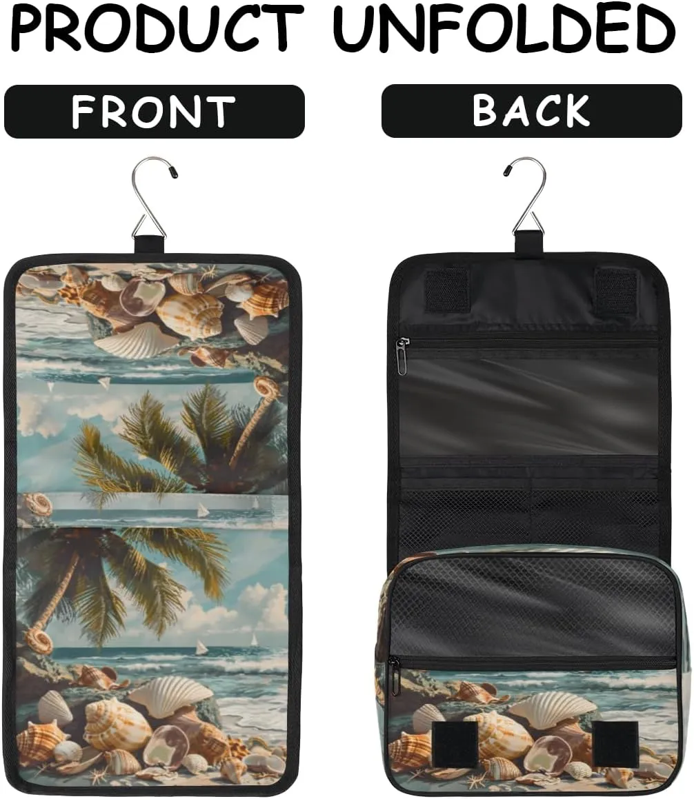 Hanging Toiletry Bag for Women & Men Small Travel Makeup Skincare Necessaire Organizer Kit Cosmetic Bags Waterproof Shower Pouch Expandable Compartments Beach Shell Sea Summer