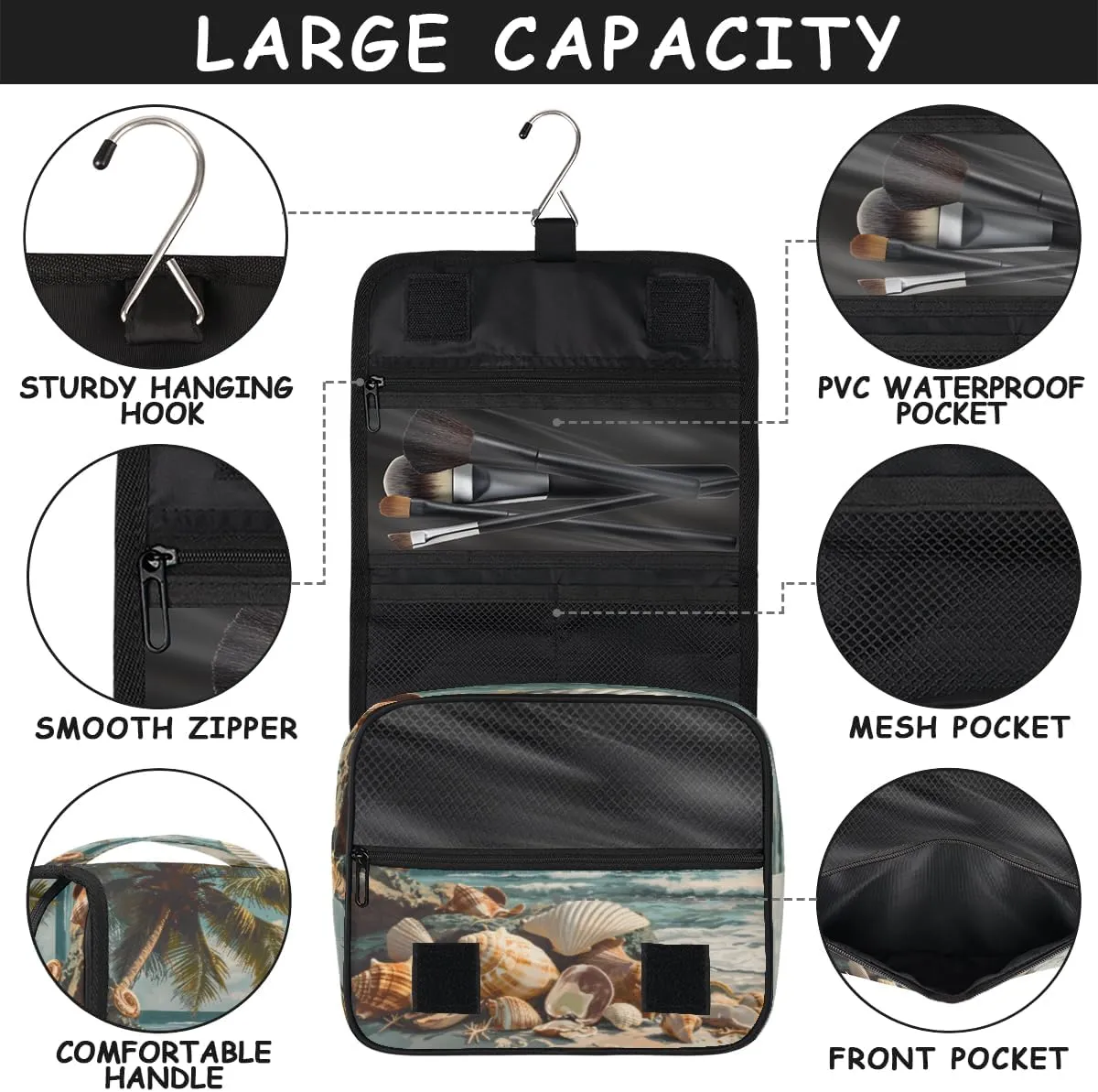 Hanging Toiletry Bag for Women & Men Small Travel Makeup Skincare Necessaire Organizer Kit Cosmetic Bags Waterproof Shower Pouch Expandable Compartments Beach Shell Sea Summer