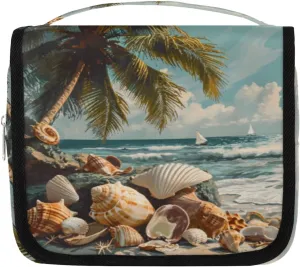 Hanging Toiletry Bag for Women & Men Small Travel Makeup Skincare Necessaire Organizer Kit Cosmetic Bags Waterproof Shower Pouch Expandable Compartments Beach Shell Sea Summer