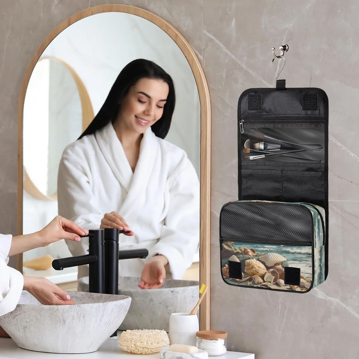 Hanging Toiletry Bag for Women & Men Small Travel Makeup Skincare Necessaire Organizer Kit Cosmetic Bags Waterproof Shower Pouch Expandable Compartments Beach Shell Sea Summer