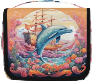 Hanging Toiletry Bag for Women & Men Small Travel Makeup Skincare Necessaire Organizer Kit Cosmetic Bags Waterproof Shower Pouch Expandable Compartments Dolphin Sailing Ocean