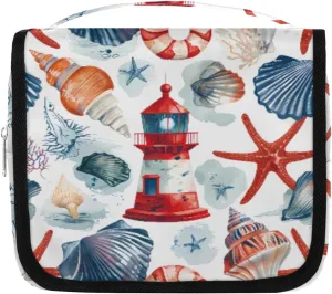 Hanging Toiletry Bag for Women & Men Small Travel Makeup Skincare Necessaire Organizer Kit Cosmetic Bags Waterproof Shower Pouch Expandable Compartments Lighthouse Shell Starfish