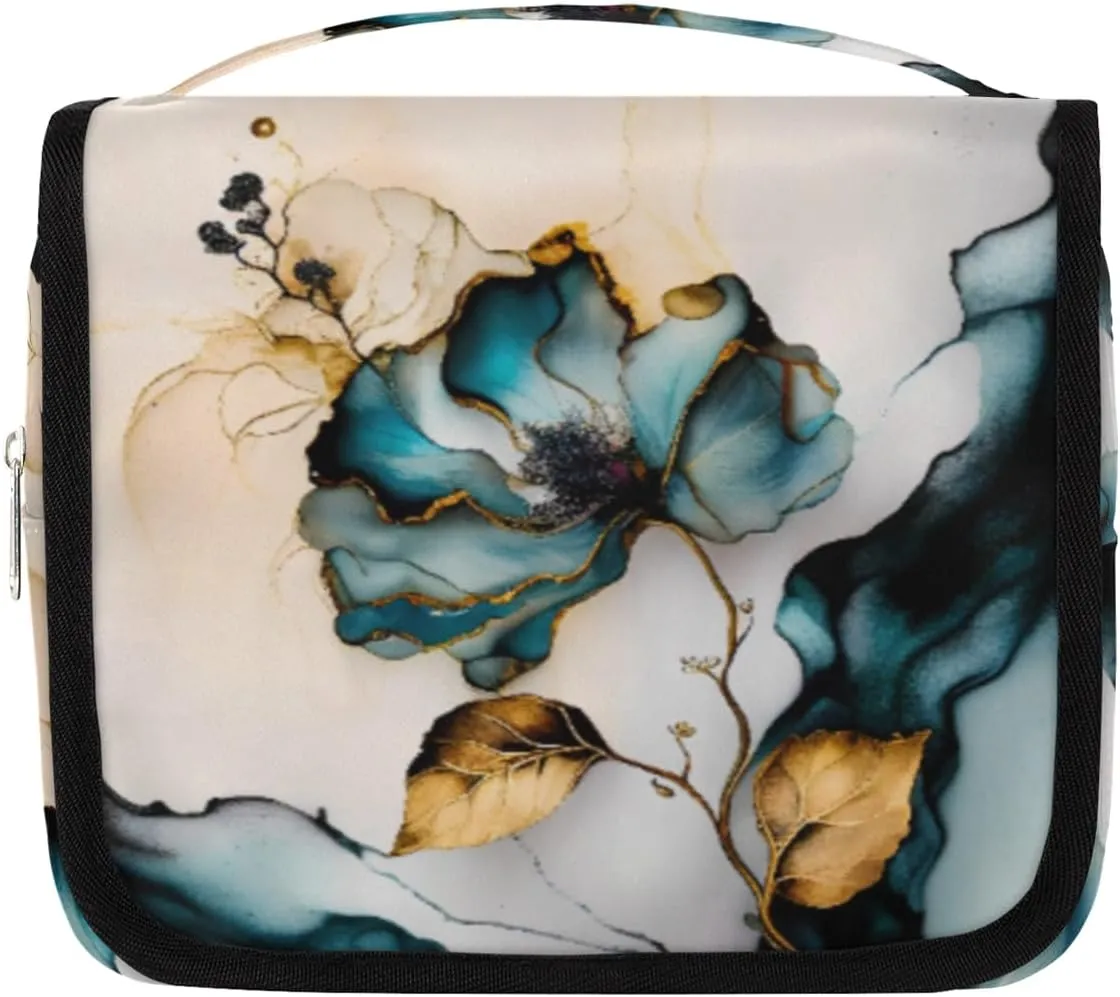 Hanging Toiletry Bag for Women & Men Small Travel Makeup Skincare Necessaire Organizer Kit Cosmetic Bags Waterproof Shower Pouch Expandable Compartments Marble Floral Pattern