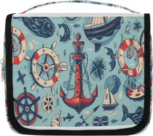 Hanging Toiletry Bag for Women & Men Small Travel Makeup Skincare Necessaire Organizer Kit Cosmetic Bags Waterproof Shower Pouch Expandable Compartments Vintage Ocean Anchor