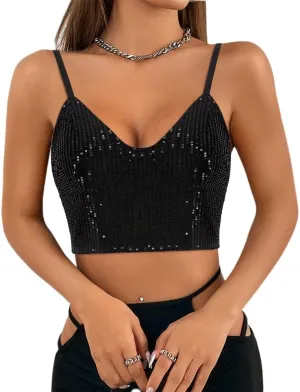 Haoohu Women's Sparkly Sequin Spaghetti Strap Crop Top Sleeveless V Neck Rave Tank Vest Clubwear