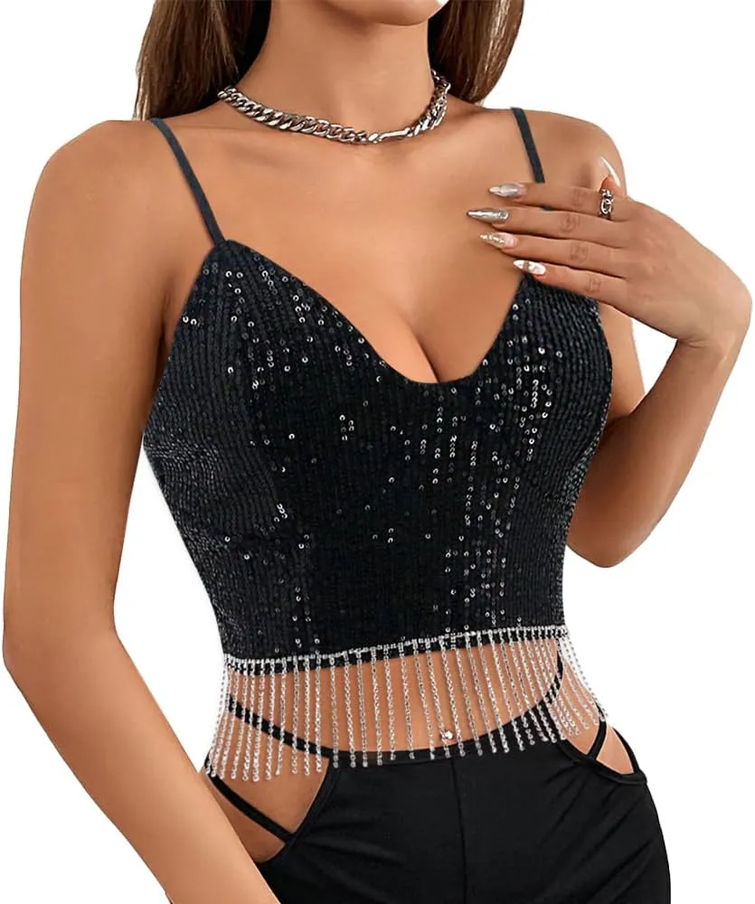 Haoohu Women's Sparkly Sequin Spaghetti Strap Crop Top Sleeveless V Neck Rave Tank Vest Clubwear