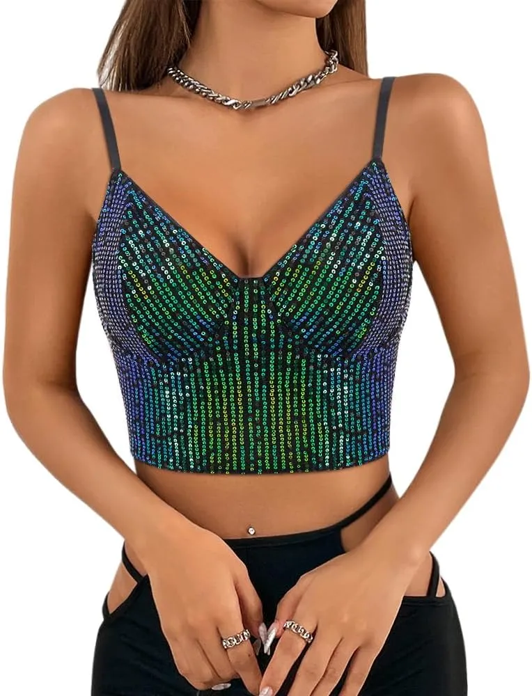 Haoohu Women's Sparkly Sequin Spaghetti Strap Crop Top Sleeveless V Neck Rave Tank Vest Clubwear