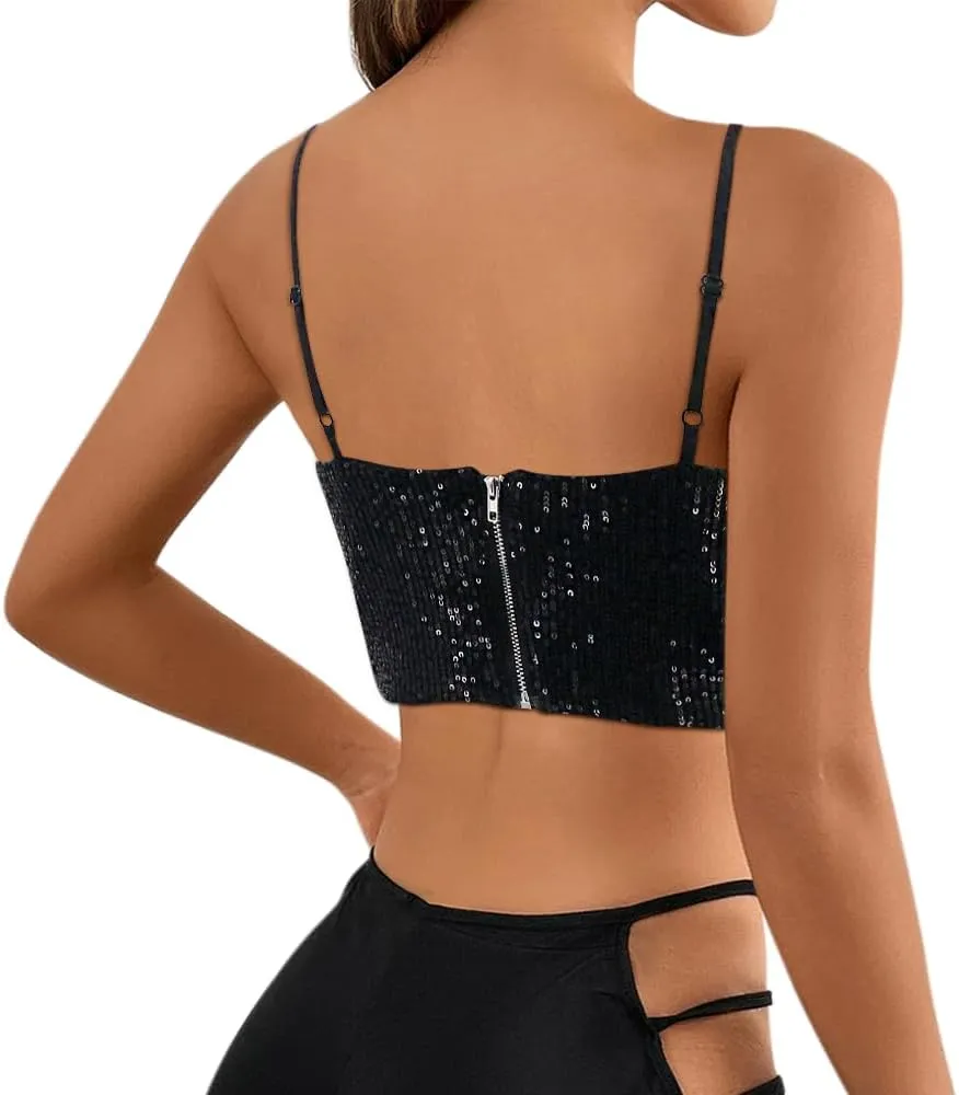 Haoohu Women's Sparkly Sequin Spaghetti Strap Crop Top Sleeveless V Neck Rave Tank Vest Clubwear