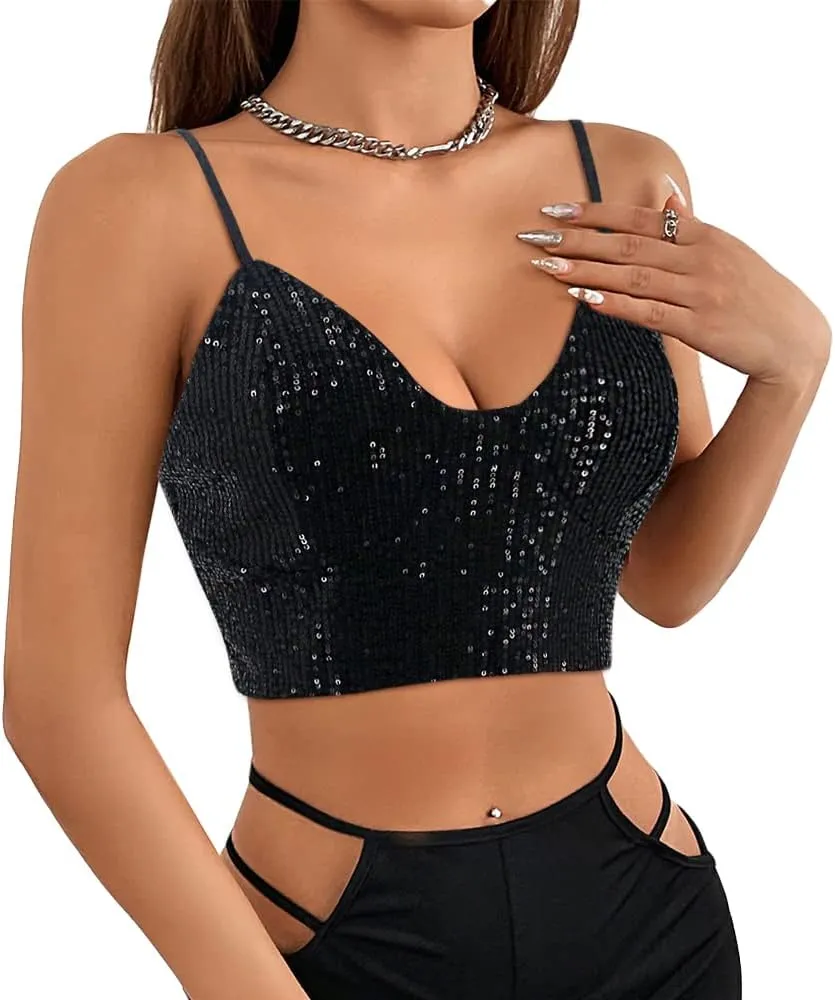 Haoohu Women's Sparkly Sequin Spaghetti Strap Crop Top Sleeveless V Neck Rave Tank Vest Clubwear