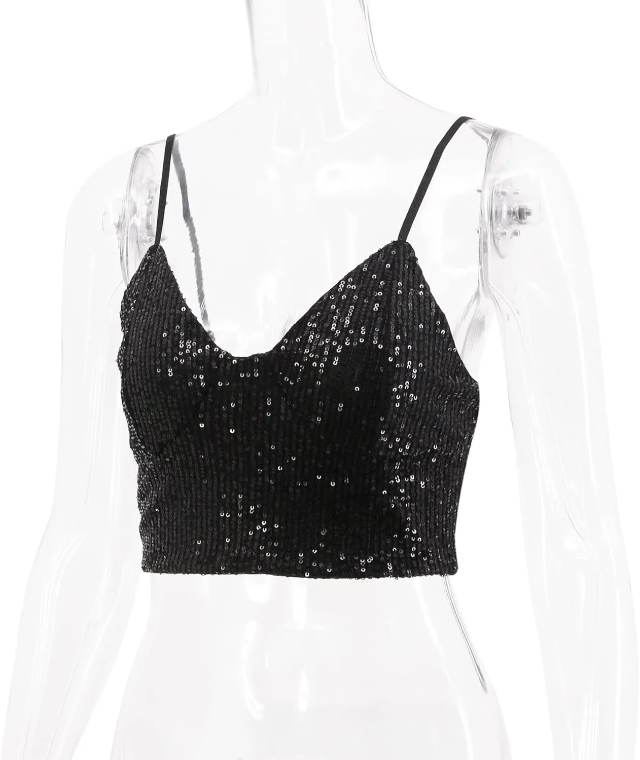 Haoohu Women's Sparkly Sequin Spaghetti Strap Crop Top Sleeveless V Neck Rave Tank Vest Clubwear