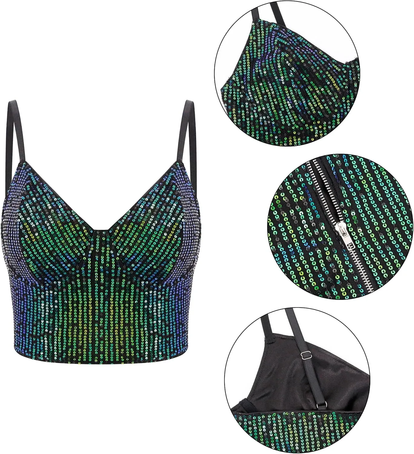 Haoohu Women's Sparkly Sequin Spaghetti Strap Crop Top Sleeveless V Neck Rave Tank Vest Clubwear