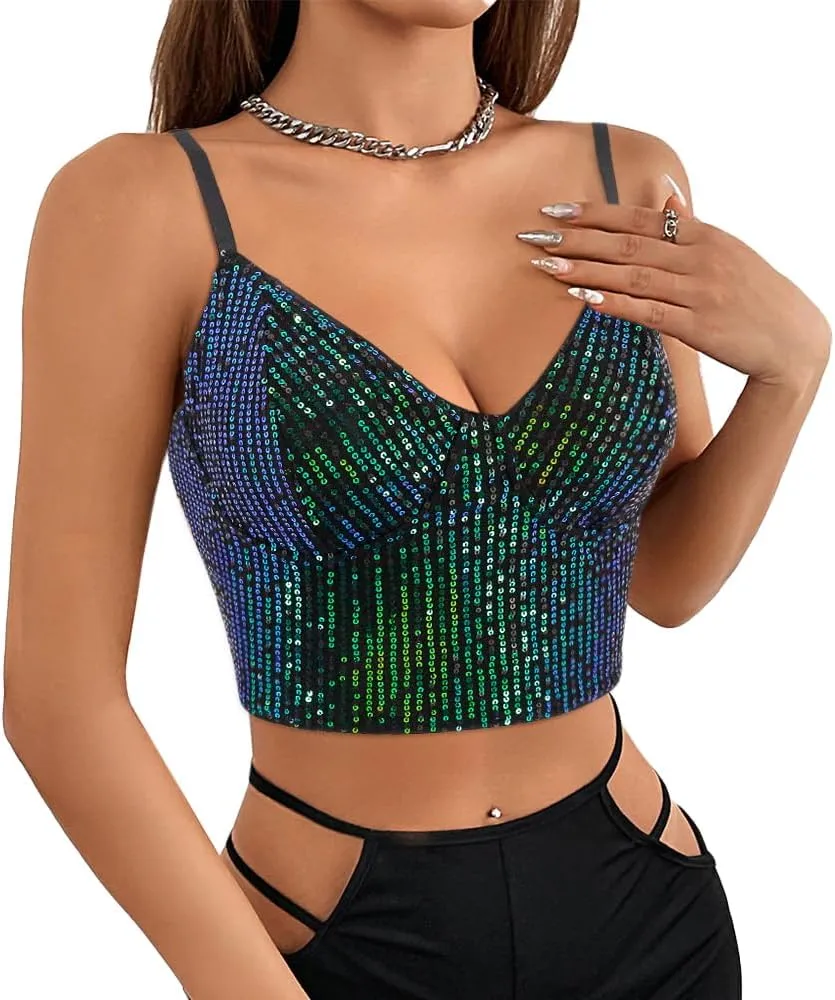 Haoohu Women's Sparkly Sequin Spaghetti Strap Crop Top Sleeveless V Neck Rave Tank Vest Clubwear