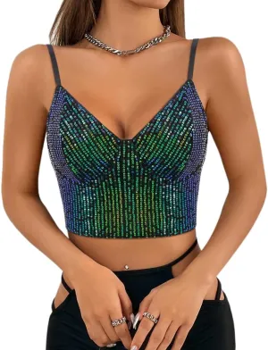 Haoohu Women's Sparkly Sequin Spaghetti Strap Crop Top Sleeveless V Neck Rave Tank Vest Clubwear