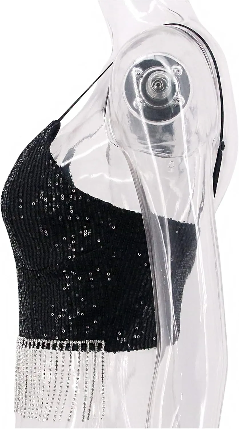 Haoohu Women's Sparkly Sequin Spaghetti Strap Crop Top Sleeveless V Neck Rave Tank Vest Clubwear