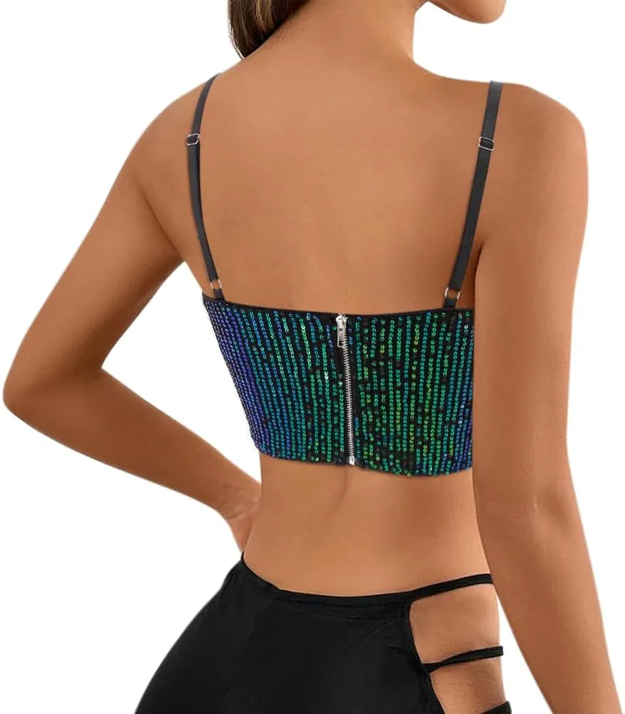 Haoohu Women's Sparkly Sequin Spaghetti Strap Crop Top Sleeveless V Neck Rave Tank Vest Clubwear