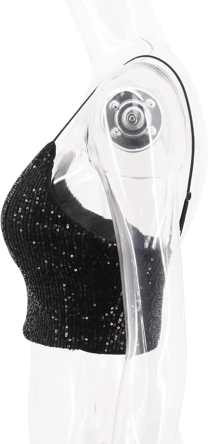 Haoohu Women's Sparkly Sequin Spaghetti Strap Crop Top Sleeveless V Neck Rave Tank Vest Clubwear