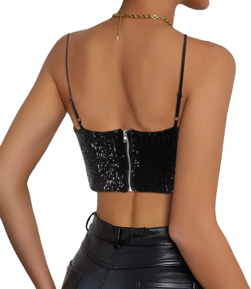 Haoohu Women's Sparkly Sequin Spaghetti Strap Crop Top Sleeveless V Neck Rave Tank Vest Clubwear