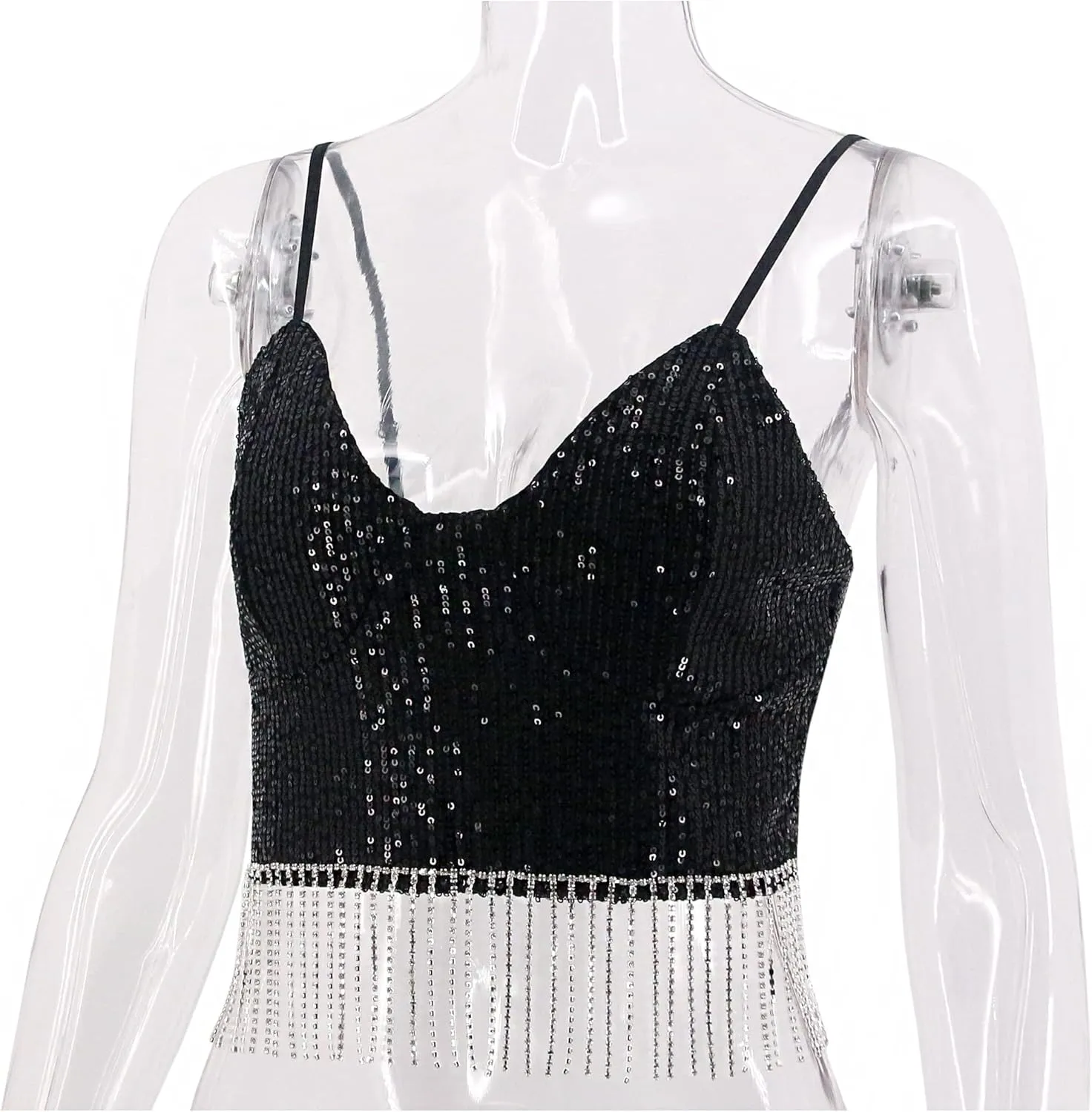Haoohu Women's Sparkly Sequin Spaghetti Strap Crop Top Sleeveless V Neck Rave Tank Vest Clubwear