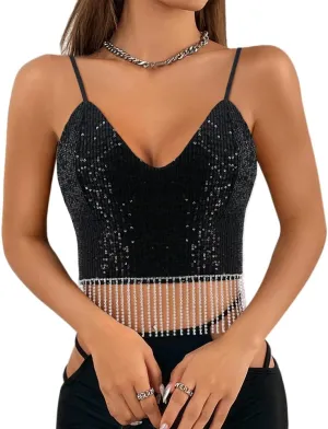 Haoohu Women's Sparkly Sequin Spaghetti Strap Crop Top Sleeveless V Neck Rave Tank Vest Clubwear