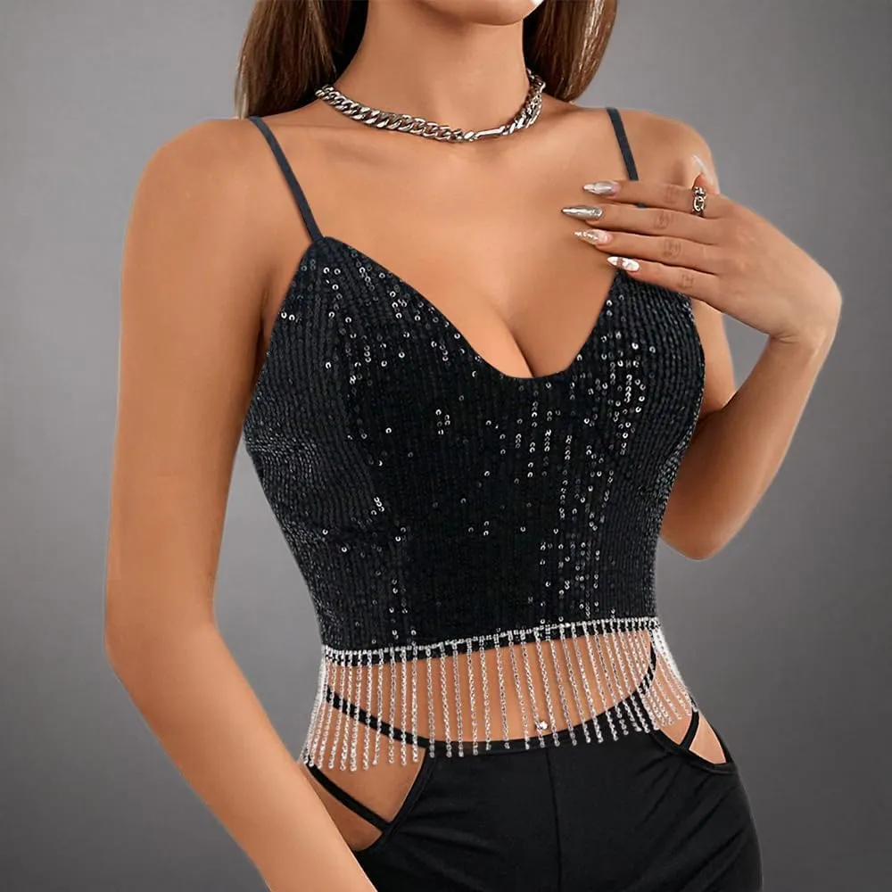 Haoohu Women's Sparkly Sequin Spaghetti Strap Crop Top Sleeveless V Neck Rave Tank Vest Clubwear