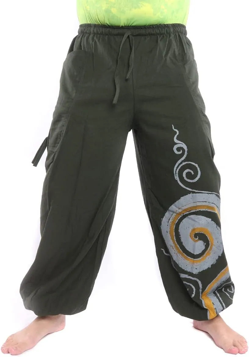 Harem Pants for Men & Women, Cotton Baggy Trousers, Adjustable Length, Drawstring Waist, 2 Pockets, One Size