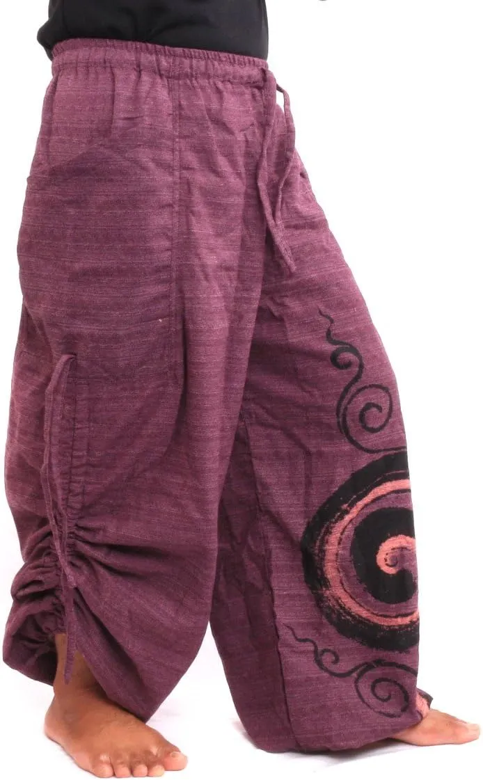 Harem Pants for Men & Women, Cotton Baggy Trousers, Adjustable Length, Drawstring Waist, 2 Pockets, One Size